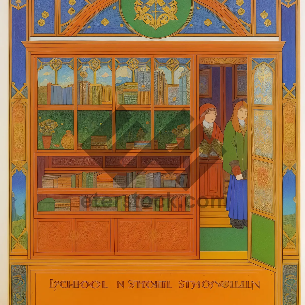 Picture of Old wooden bookcase in historic city entrance