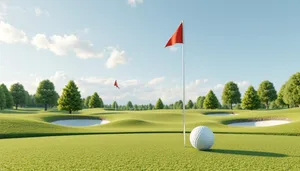 Golf player on green with flag in background.