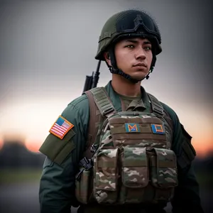 Happy military man wearing bulletproof vest and helmet