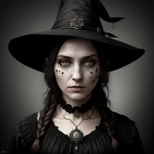 Attractive sorcerer in black fashion hat.