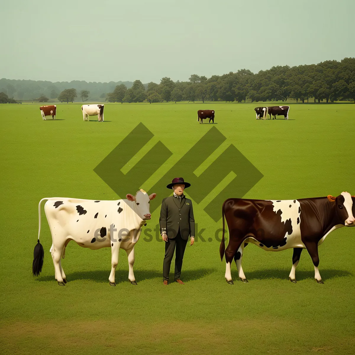 Picture of Rustic Cattle Grazing in Pastoral Countryside