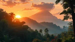 scenic orange sunset over mountains and trees
