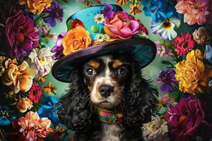 Cute puppy with flowers in hair portrait