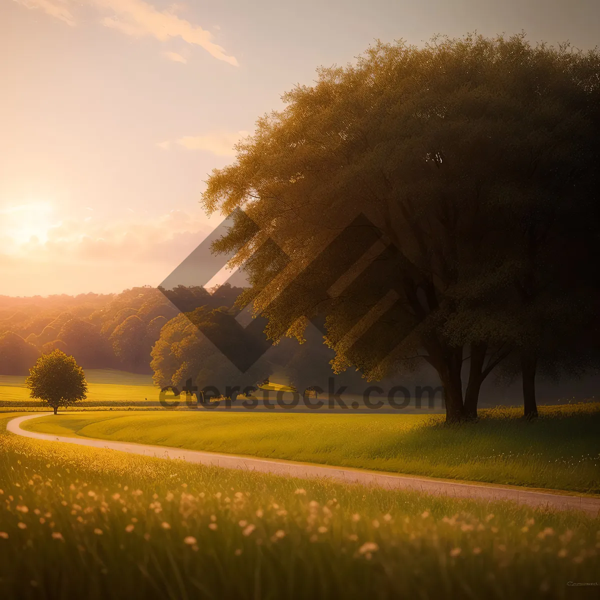 Picture of Rural Landscape with Sunlit Meadow and Country Road