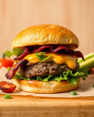 Delicious Grilled Beef Burger with Cheese and Vegetables