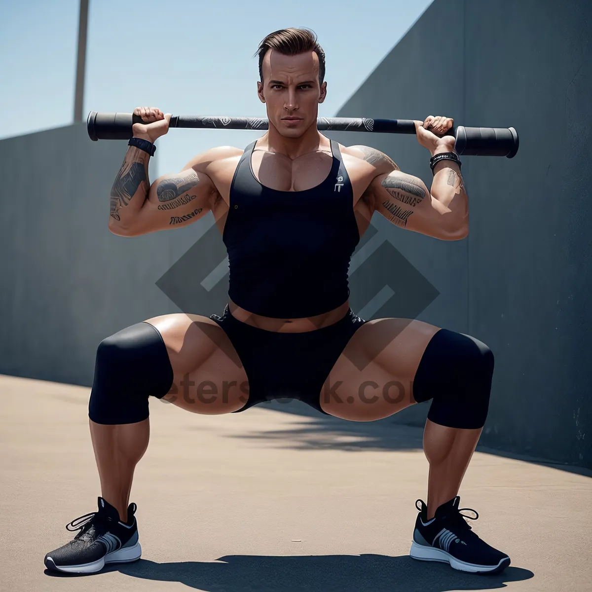 Picture of Muscular man lifting dumbbells at gym