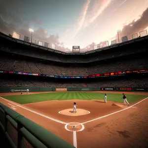 Nighttime baseball game at city stadium.