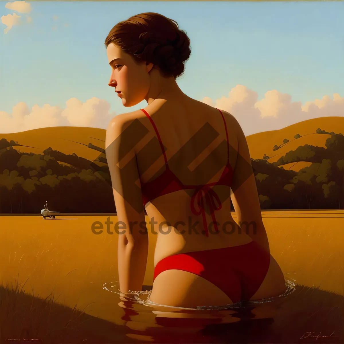 Picture of Stunning model in beachwear enjoying golden sunset