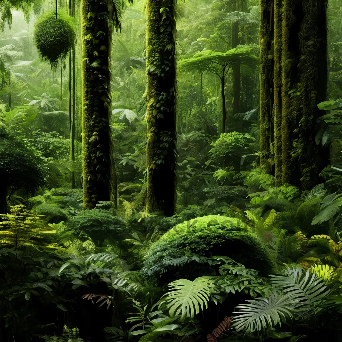 Picture of Lush tropical fern amidst vibrant forest foliage.