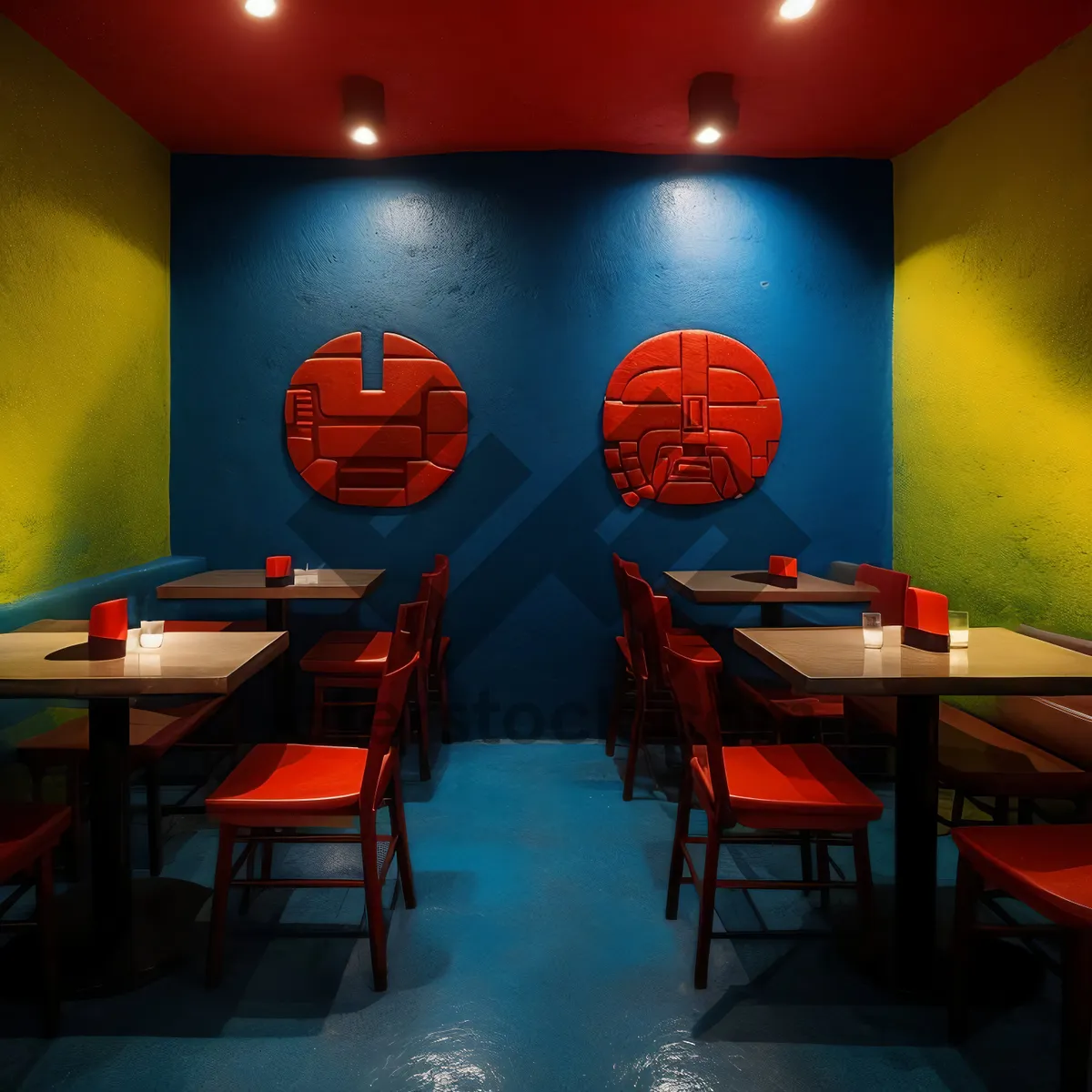 Picture of Modern restaurant interior with wooden furniture and lamp