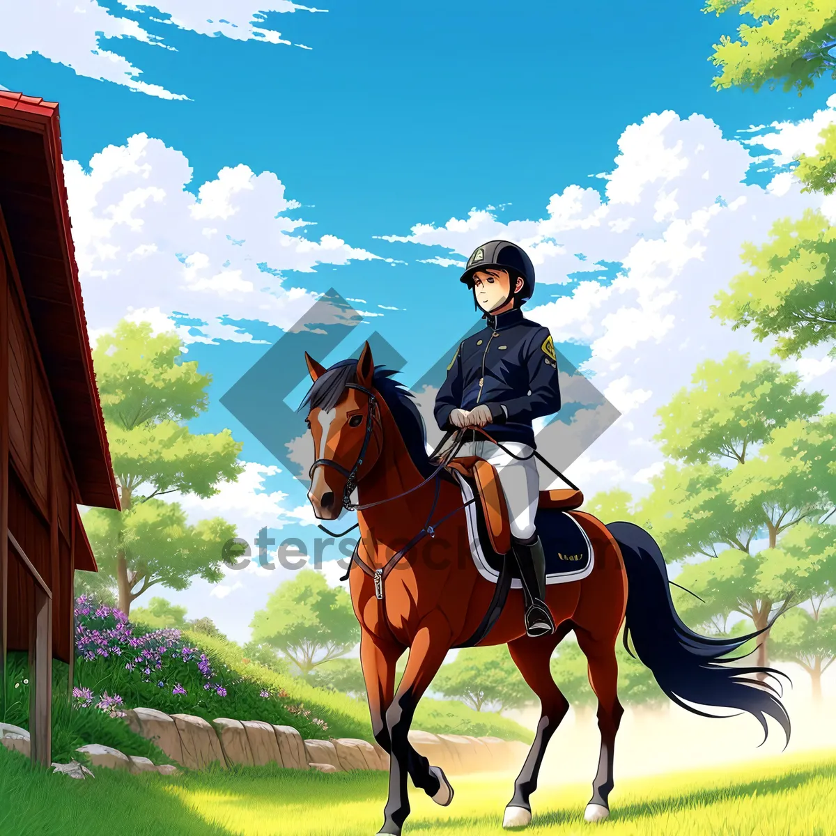 Picture of Thoroughbred Stallion Galloping in Rural Meadow