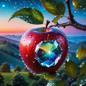 Shiny Apple Ornament on Winter Tree Branch