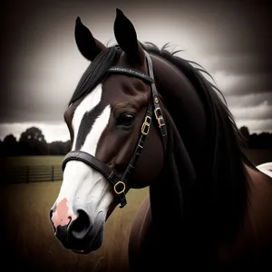 Brown Stallion Wearing Bridle and Mask in Equestrian Portrait