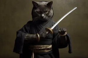 Adorable black cat with piercing eyes holding sword