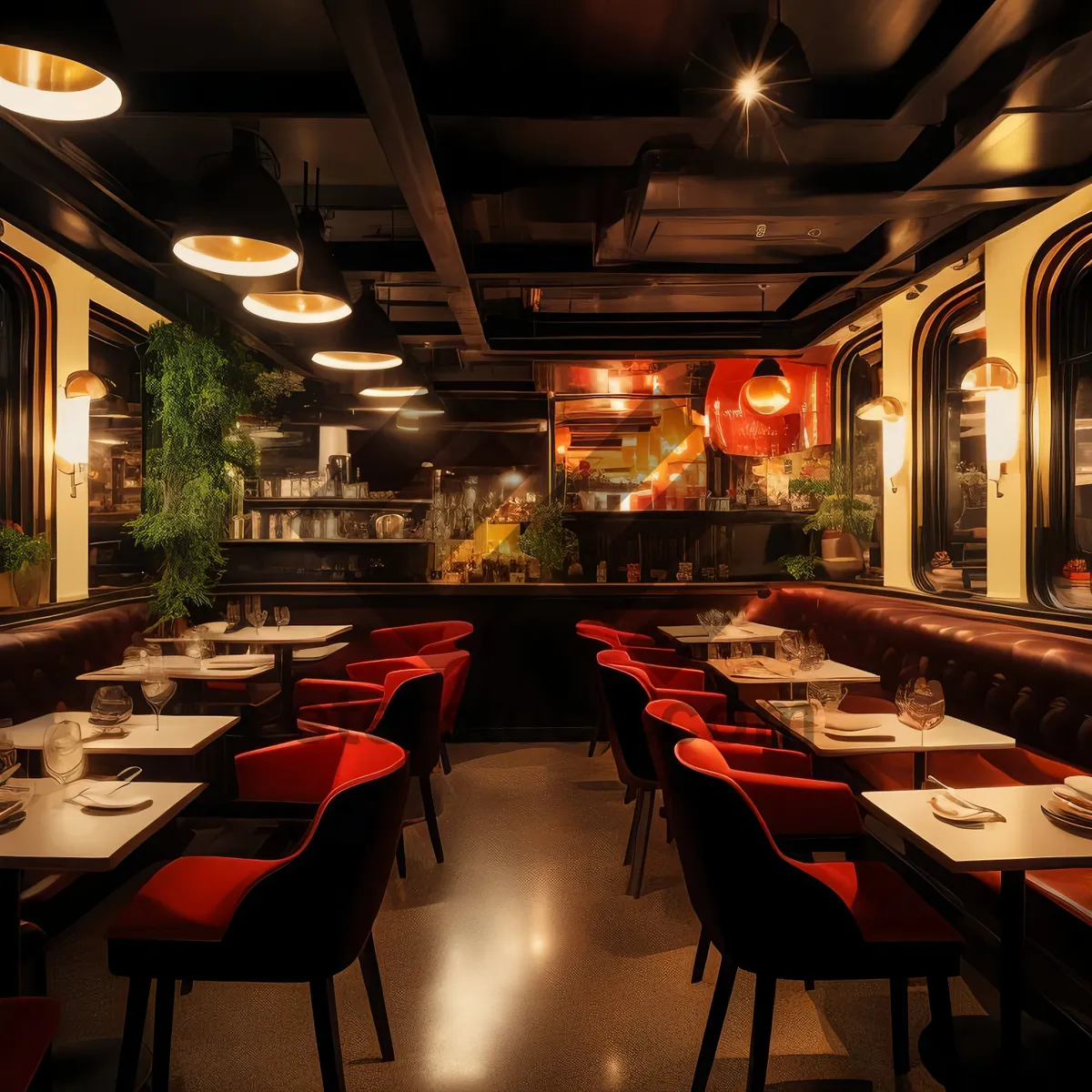 Picture of Modern restaurant interior with wooden furniture and chairs.