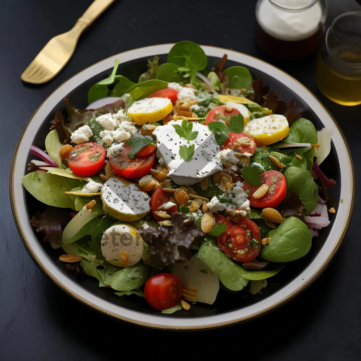 Picture of Fresh Garden Salad with Cheese, Tomatoes, and Olives