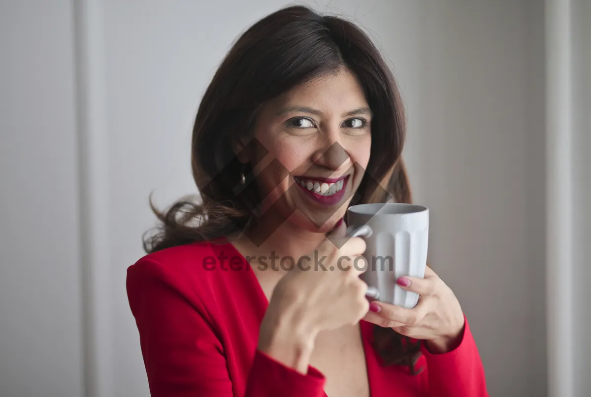 Picture of Happy Businesswoman Holding Cup of Coffee Smiling