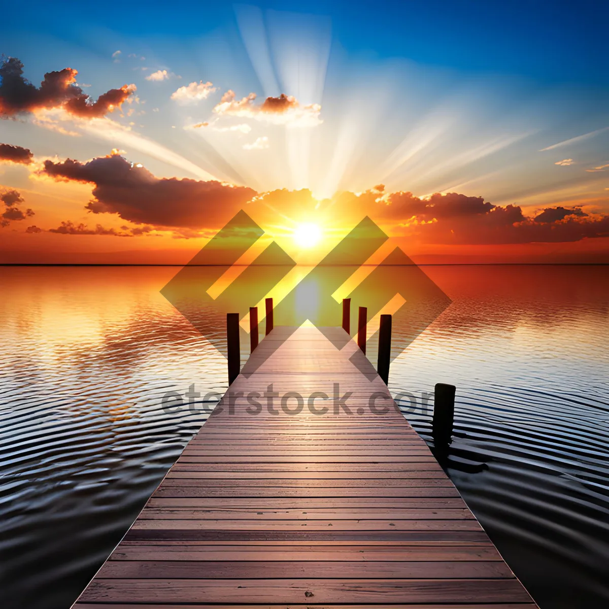 Picture of Tropical sunset over serene beach with boat docked