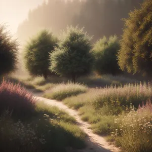 Sunlit Country Field with Majestic Trees