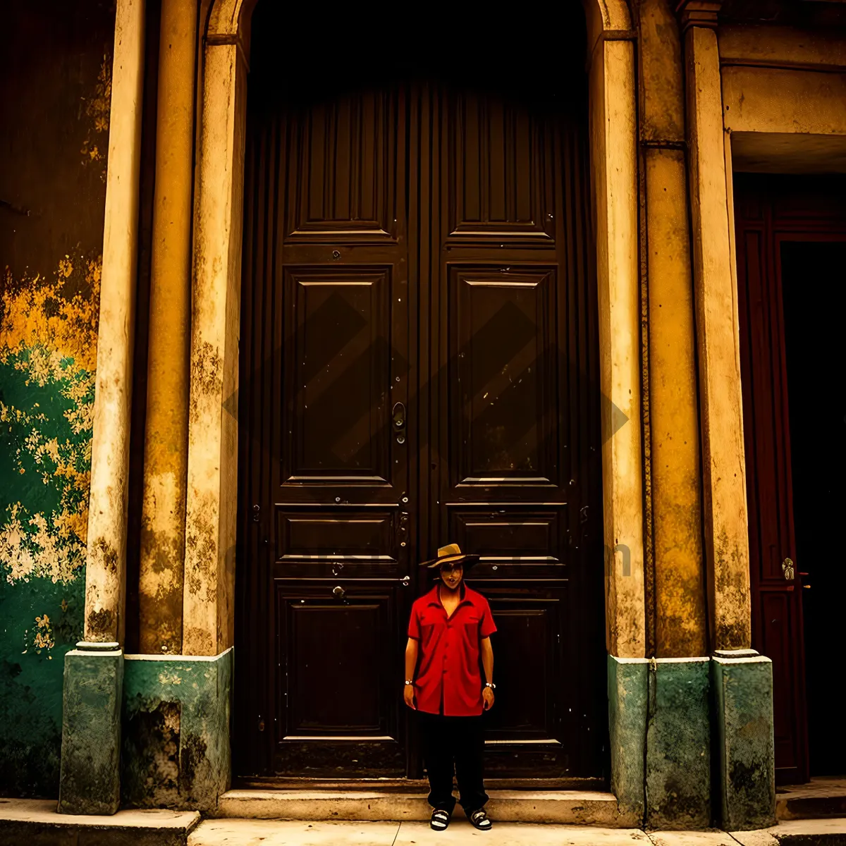 Picture of Old Church Entrance with Ornate Door and Wall Support