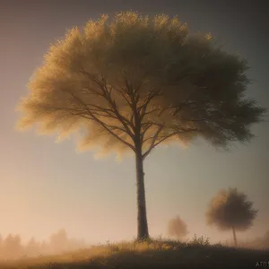 Majestic Winter Skyline: A picturesque sunset illuminates snowy trees amidst the serene countryside.