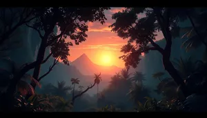 Silhouette of palm trees against orange sunset sky