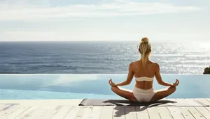 Sitting woman in bikini on tropical beach vacation