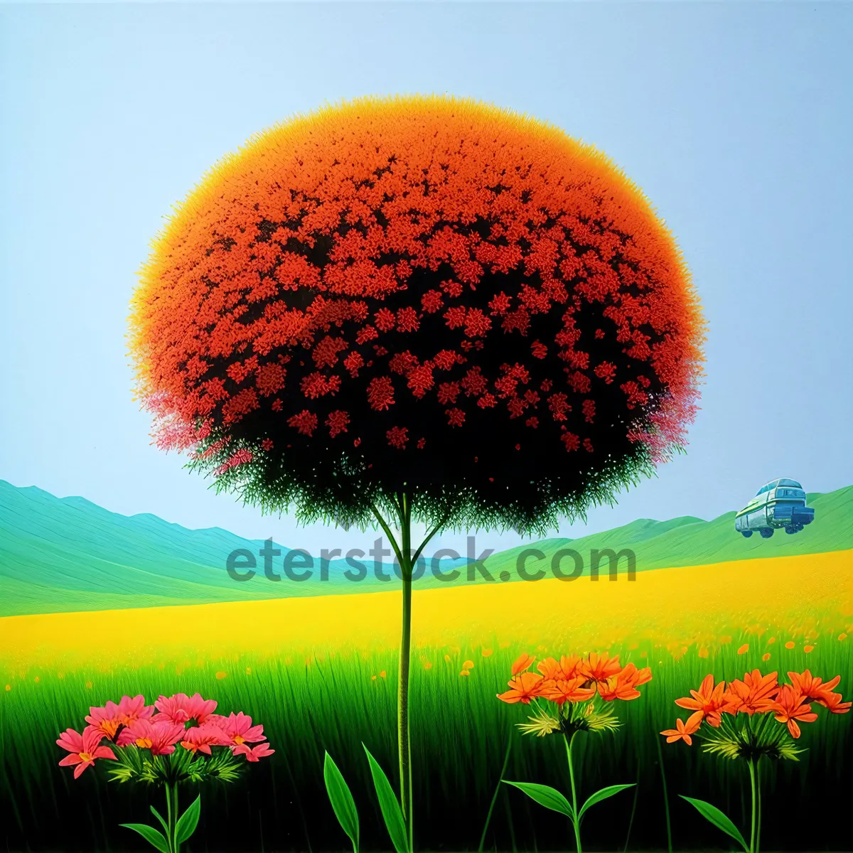 Picture of Summer Field of Vibrant Sunflowers in Rural Landscape