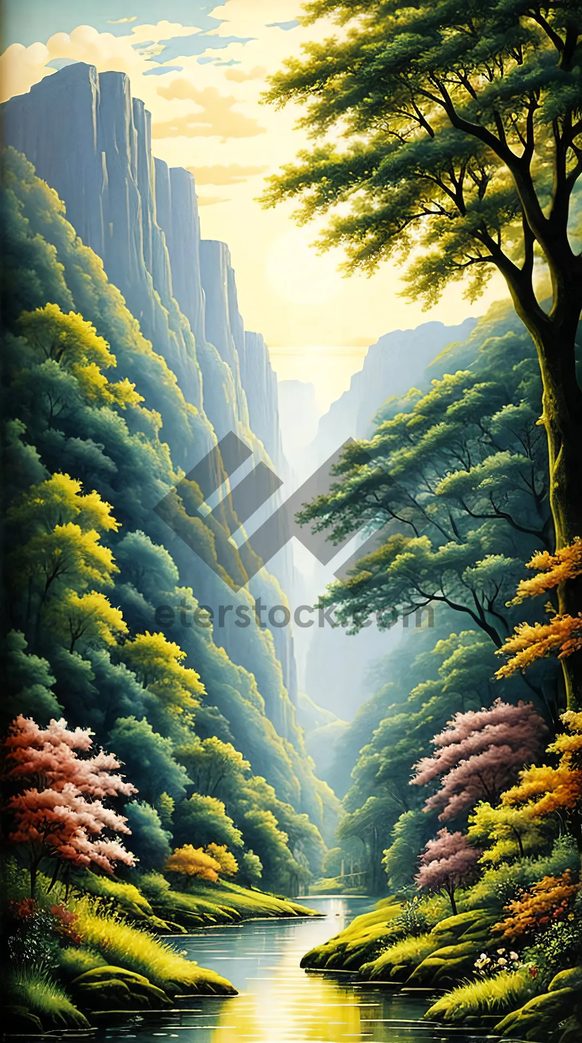 Picture of Golden autumn landscape with trees and mountains.