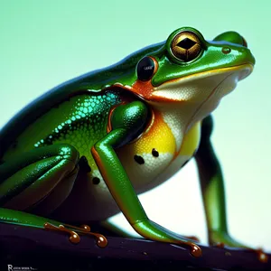 Vibrant Eye-catching Tree Frog Peeking through Leaves.