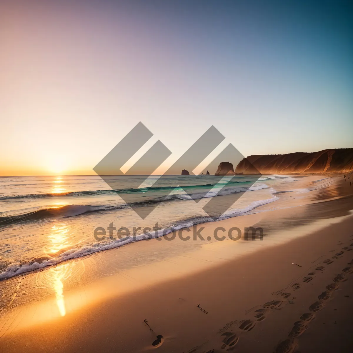 Picture of Golden Beach Sunset over Ocean - Tranquil Coastal Landscape