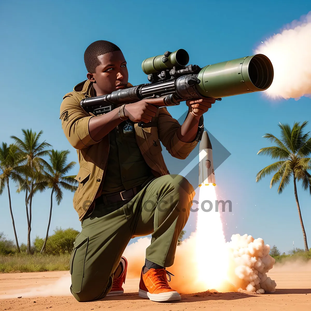 Picture of Male Soldier with Assault Rifle in Camouflage Uniform