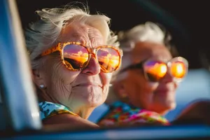 Smiling blonde model in stylish sunglasses