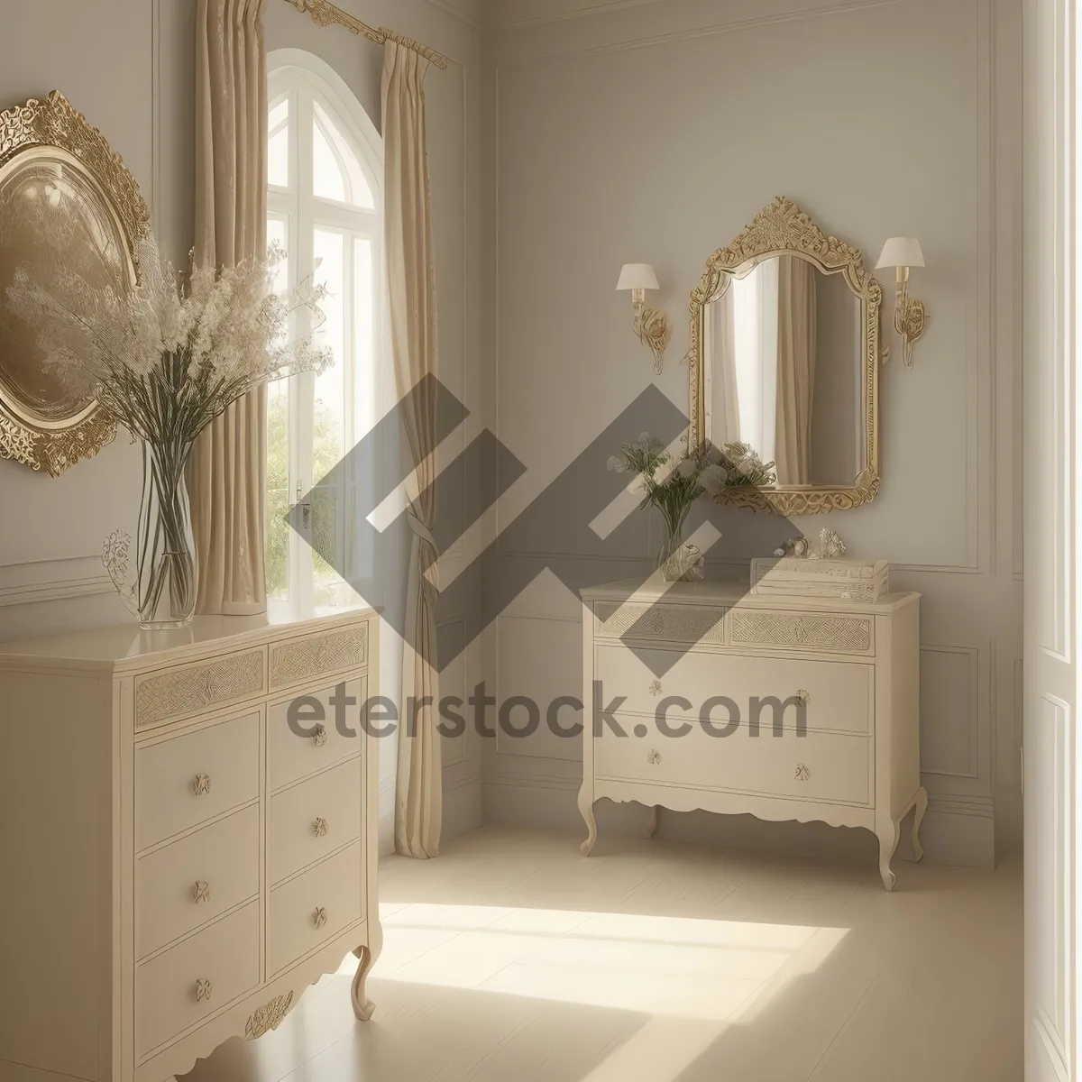 Picture of Modern luxury bedroom with wood furnishings and chic decor