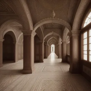 Ancient Cathedral Hall with Stone Arches