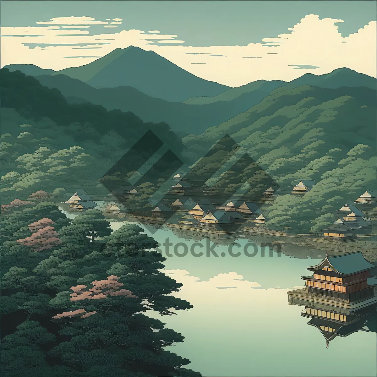 Picture of Mountains overlooking city skyline and waterway reflection.