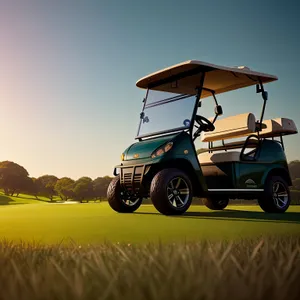 Sunny Golfer on Green Landscape with Car