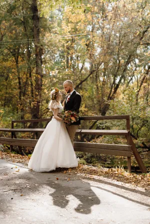 Happy Wedding Couple Smiling in the Park