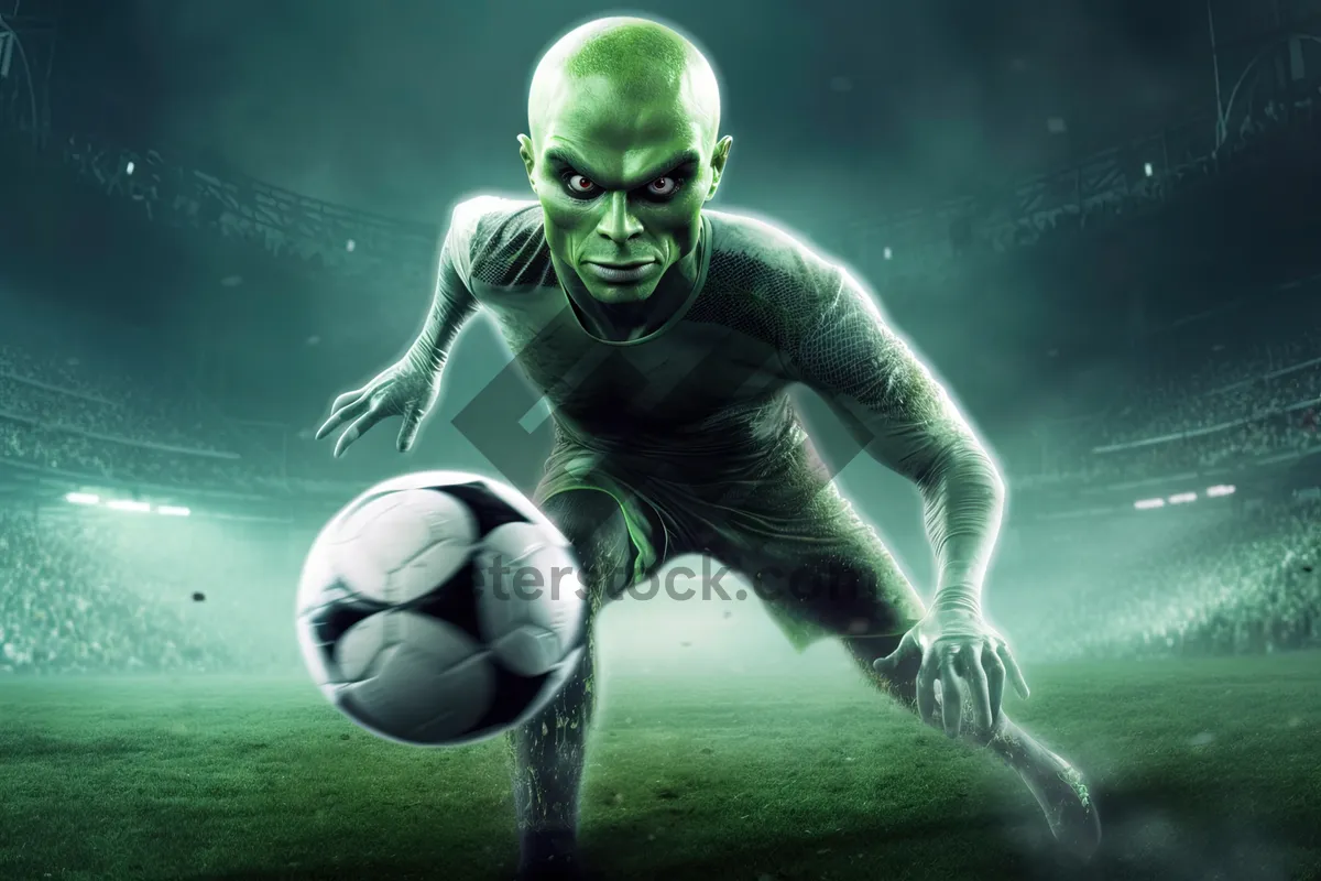 Picture of Soccer player with ball on celestial body.