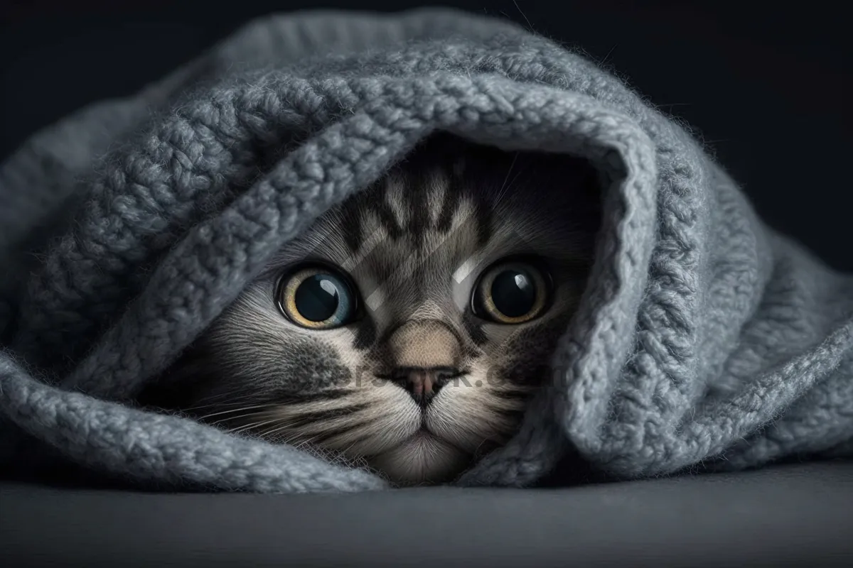 Picture of Fluffy gray tabby kitten with whiskers close-up portrait.