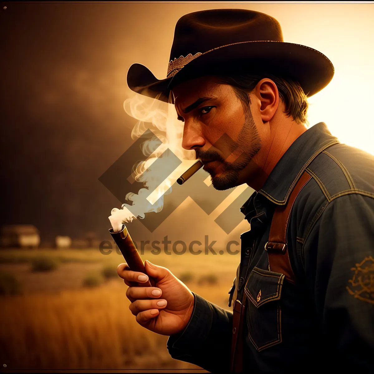 Picture of Black-hatted man with revolver, a portrait