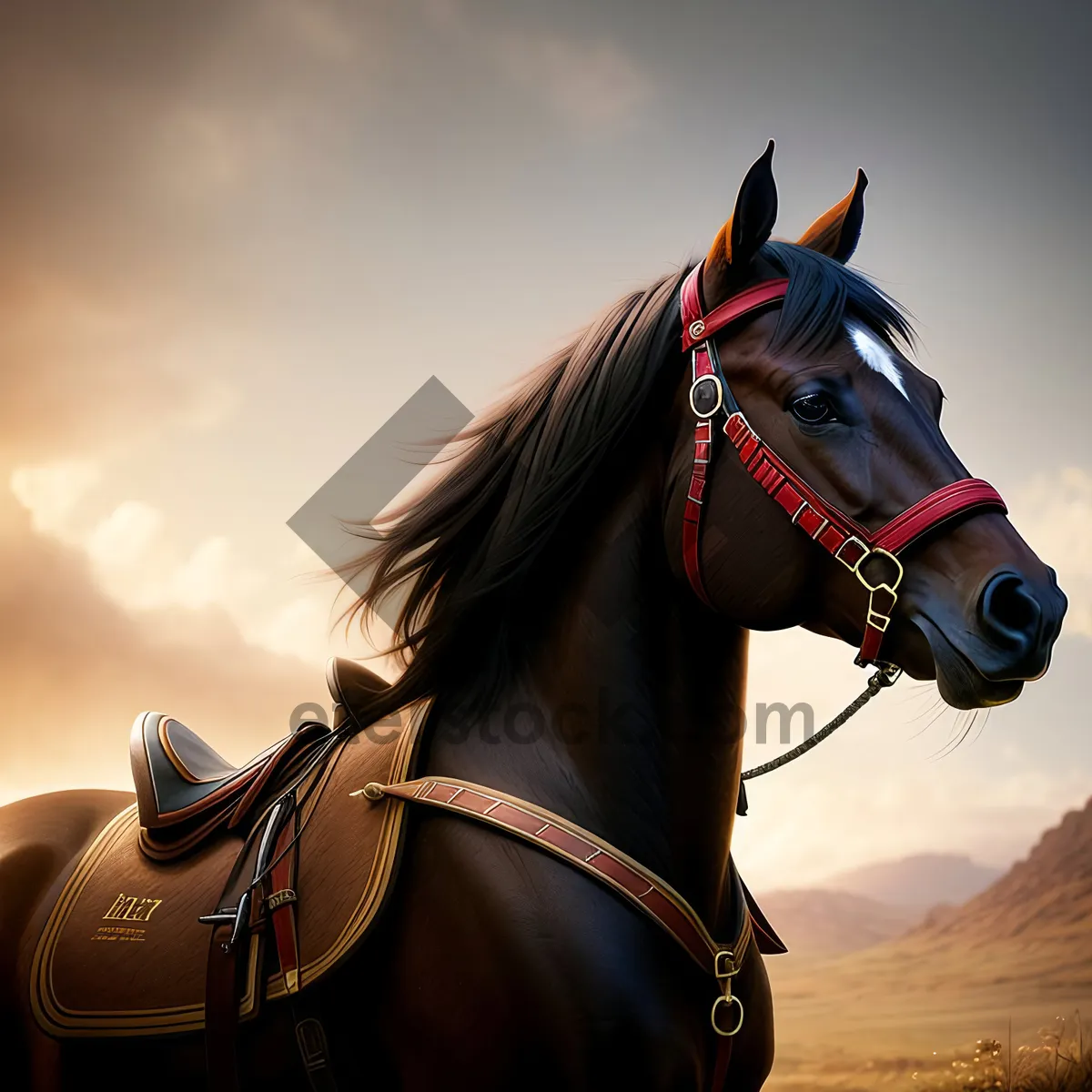 Picture of Brown Thoroughbred Stallion with Bridle and Mane