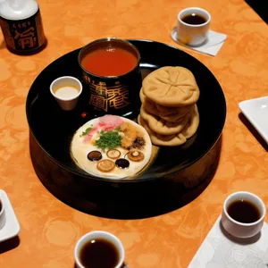Hot breakfast meal on restaurant table with coffee cup.