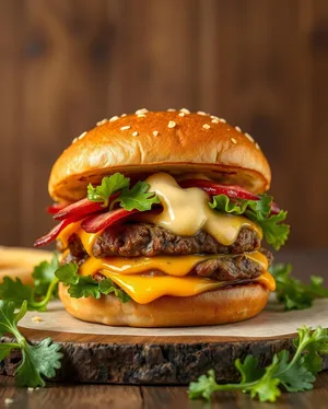 Gourmet cheeseburger with fresh vegetable salad and fries.