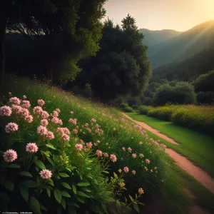 Serene Summer Meadow with Picket Fence and Blooming Flowers