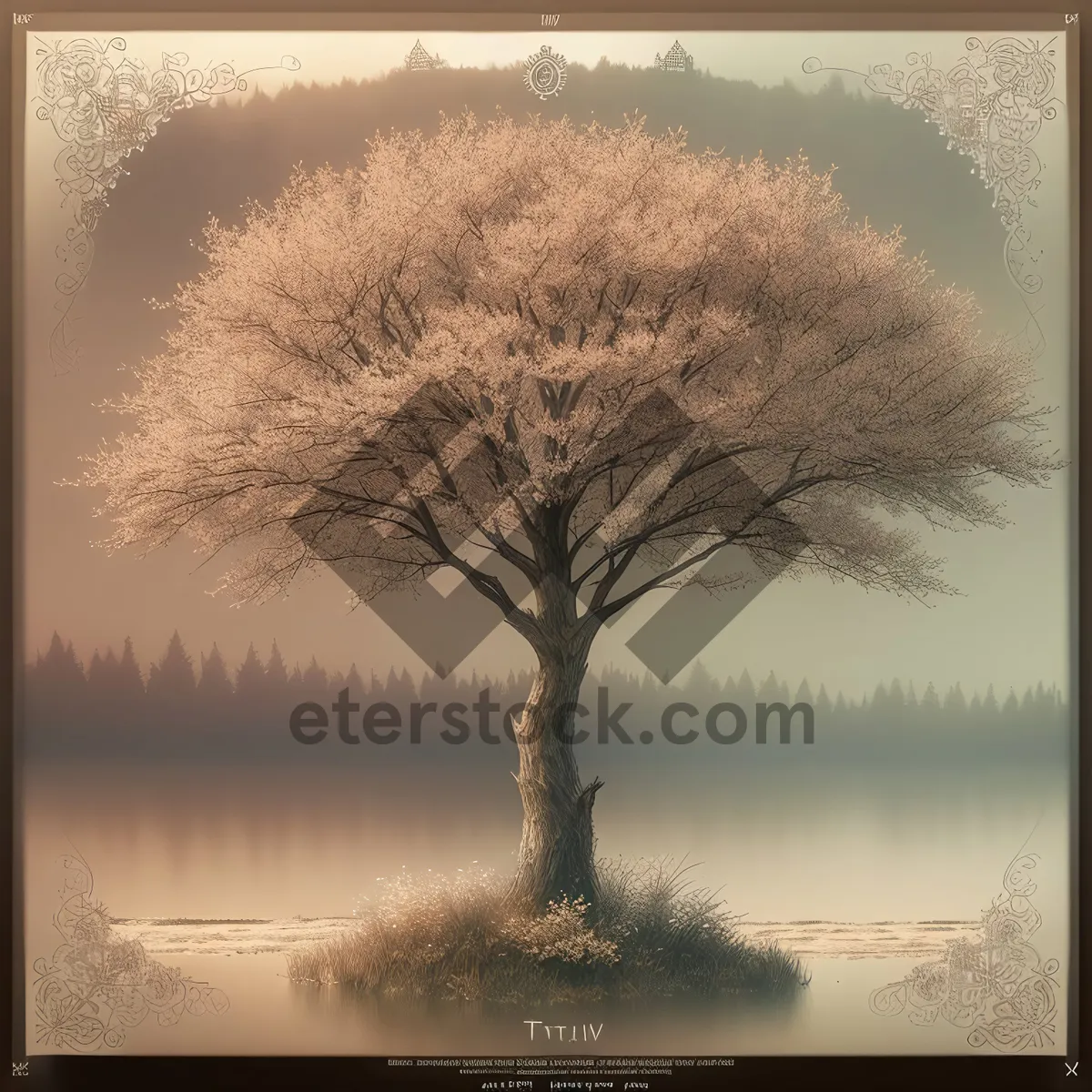 Picture of Winter Wonderland: Majestic snowy bonsai under sunset sky
