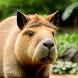 Brown horse grazing in rural pasture