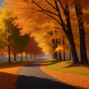 Autumnal Forest Path with Sunlit Bench