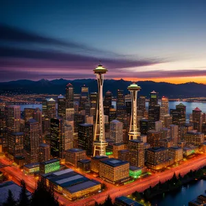 Vibrant Urban Night Skyline with Towering Skyscrapers