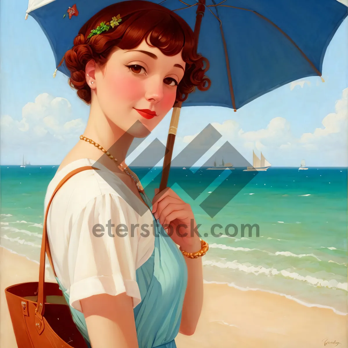 Picture of Smiling Model Enjoying Beach Vacation with Umbrella